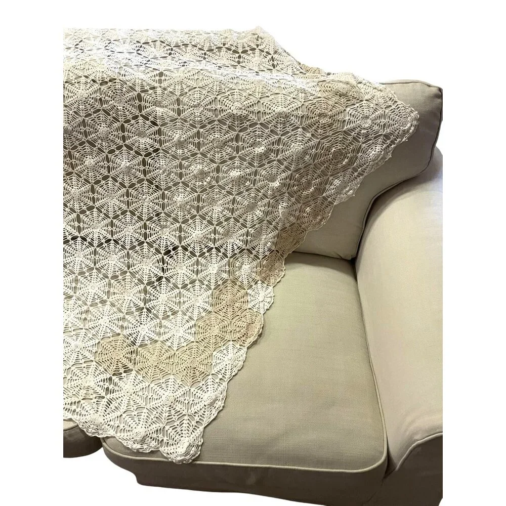 Vintage Handmade Crochet Tablecloth Used Cream Tan